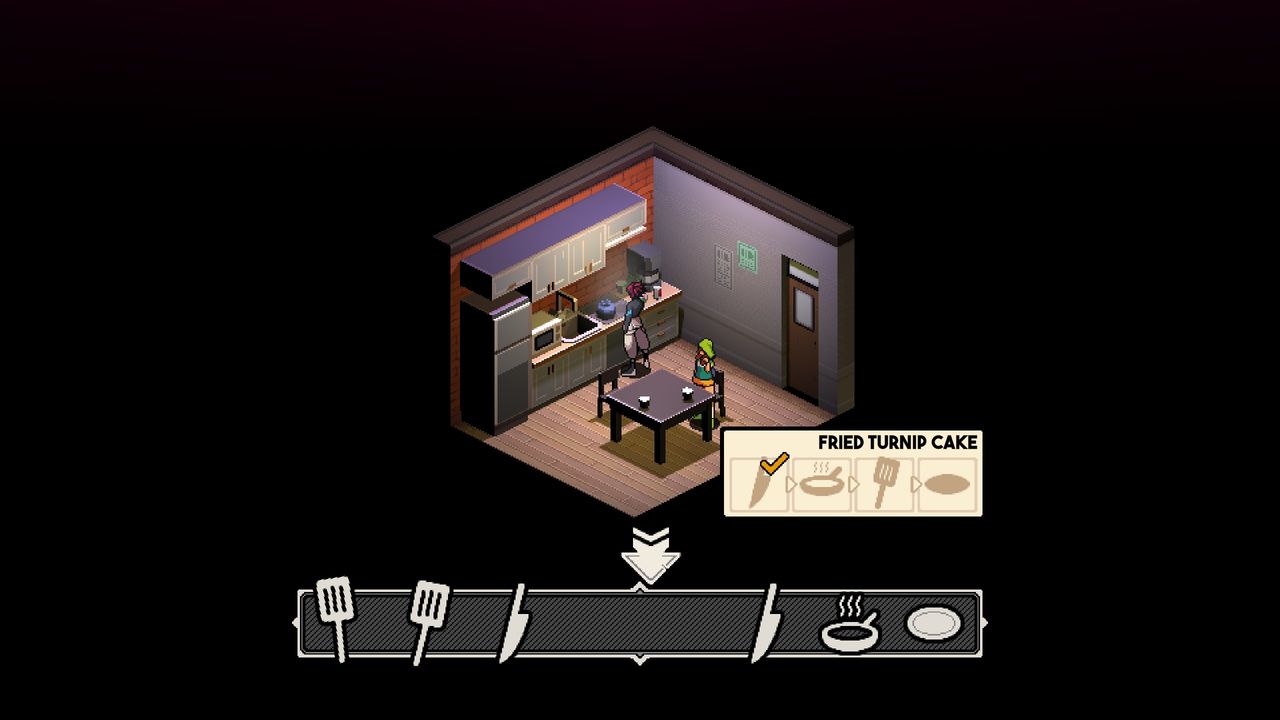 Faye in a kitchen playing the cooking minigame.