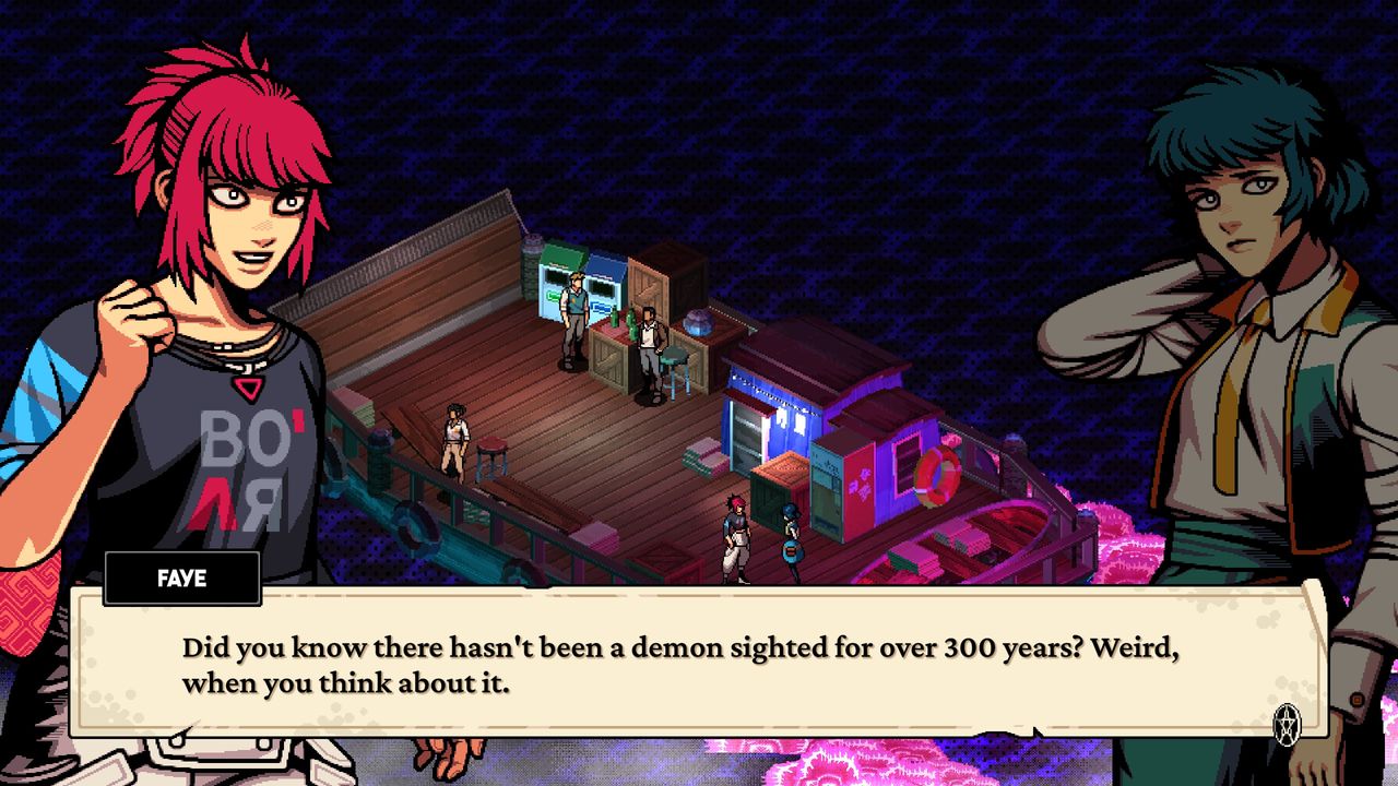 The first dialog in the game: Faye introduces herself by telling Namako about the demon apocalypse. As any sane person would, Namako is determined to avoid Faye afterwards.