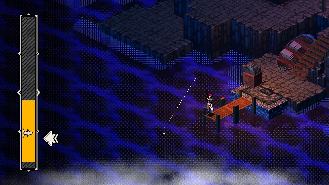 Faye catching a fish at night.