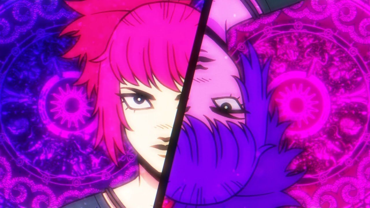 Faye from the cinematic trailer. The image is split in half with the right side showing her upside down with the reds and blues swapped. Something, something yin and yang.